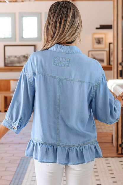 Beau Blue Half Sleeve Button Down Ruffled High Low Chambray Shirt - Sweet Fashion Wholesale