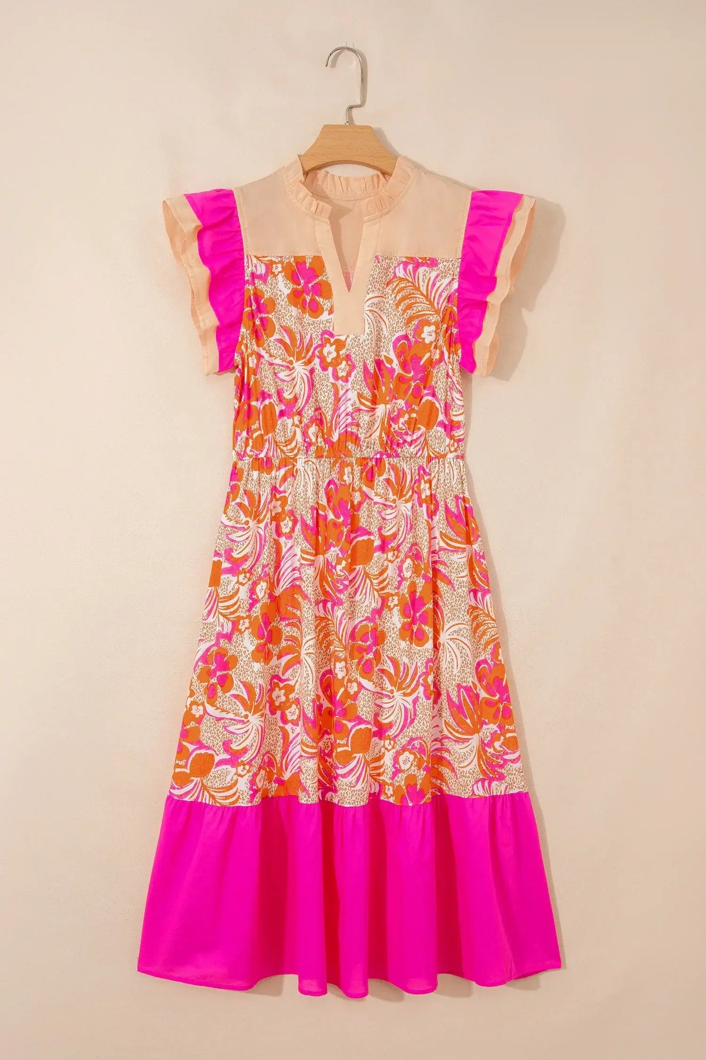 Rose Floral Print Color Block Ruffled Short Sleeve Flared Midi Dress - Sweet Fashion Wholesale