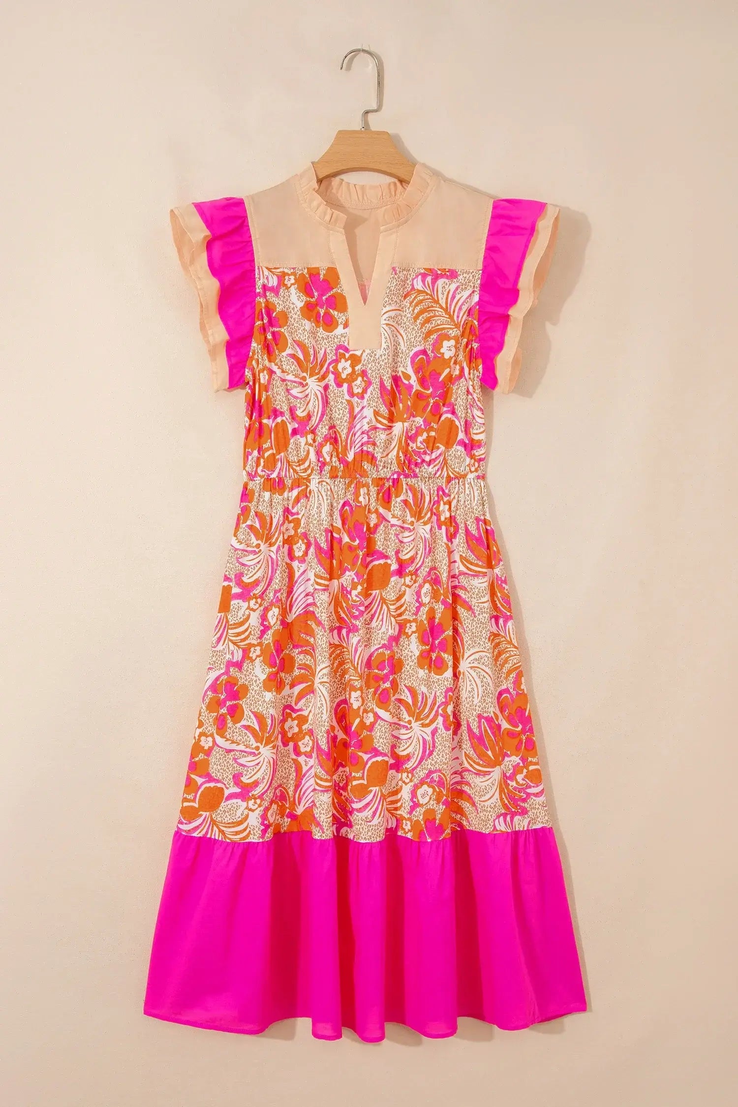 Rose Floral Print Color Block Ruffled Short Sleeve Flared Midi Dress - Sweet Fashion Wholesale