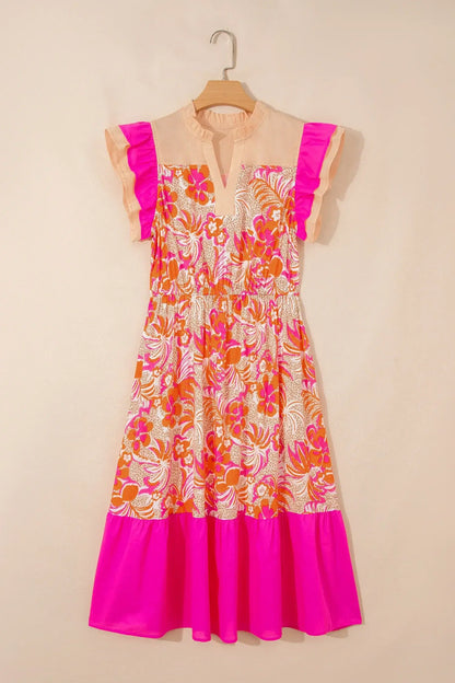 Rose Floral Print Color Block Ruffled Short Sleeve Flared Midi Dress - Sweet Fashion Wholesale