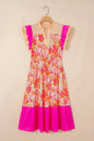 Rose Floral Print Color Block Ruffled Short Sleeve Flared Midi Dress - Sweet Fashion Wholesale