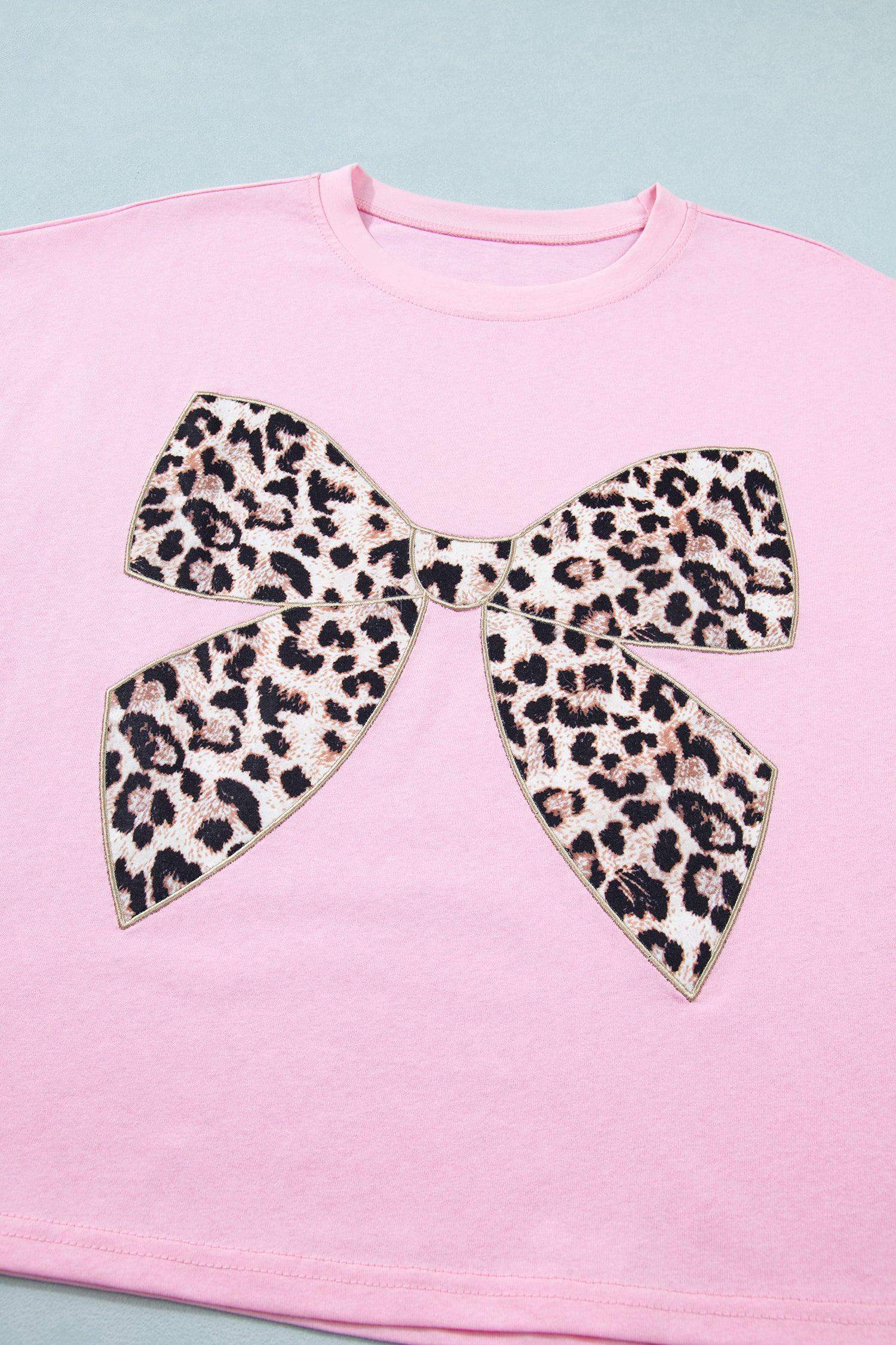Black Leopard Bow Embroidered Cotton Round Neck T Shirt - Sweet Fashion Wholesale