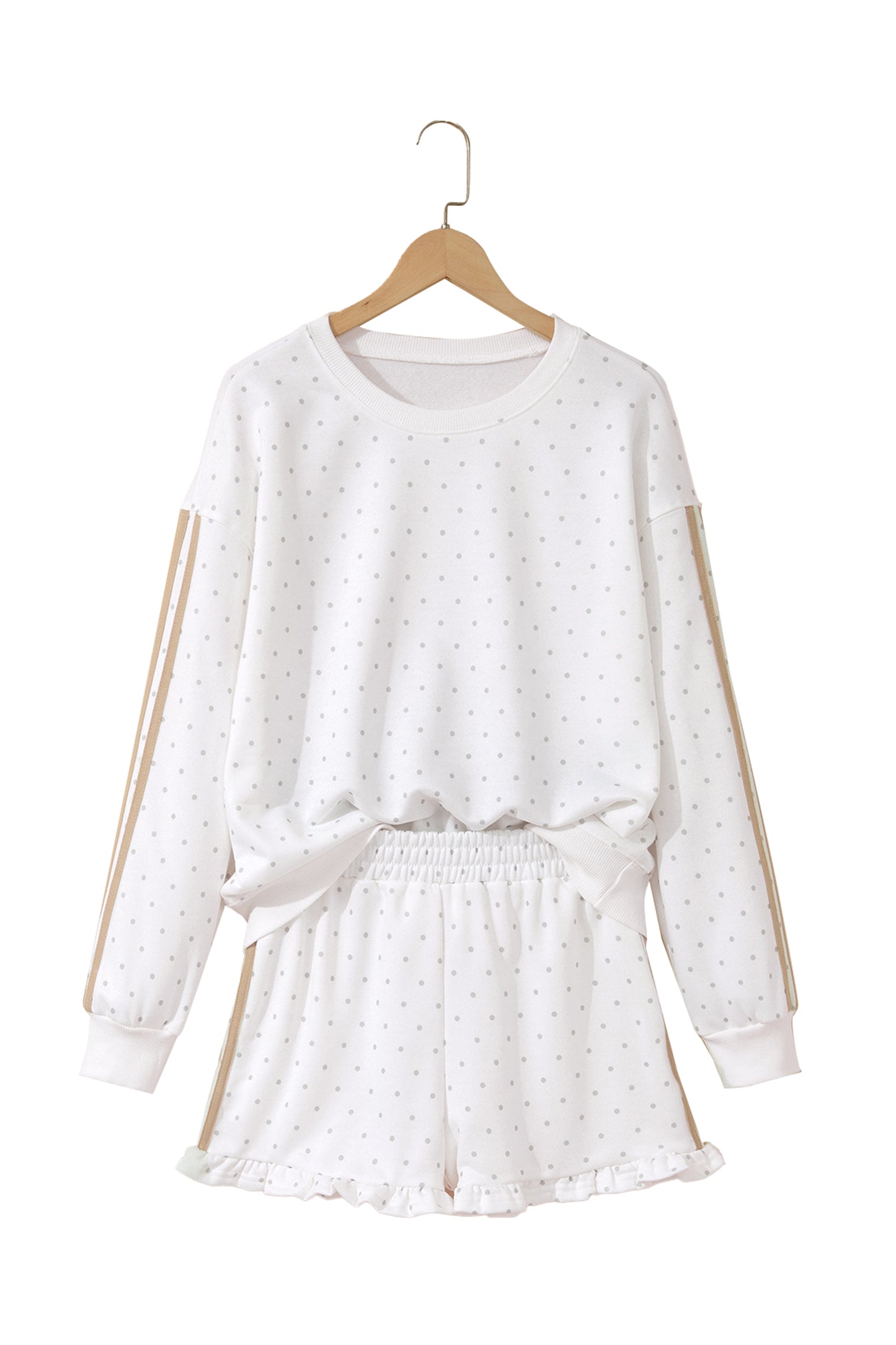 White Polka Dot Print Side Stripe Detail Casual Sweatshirt 2pcs Short Set
