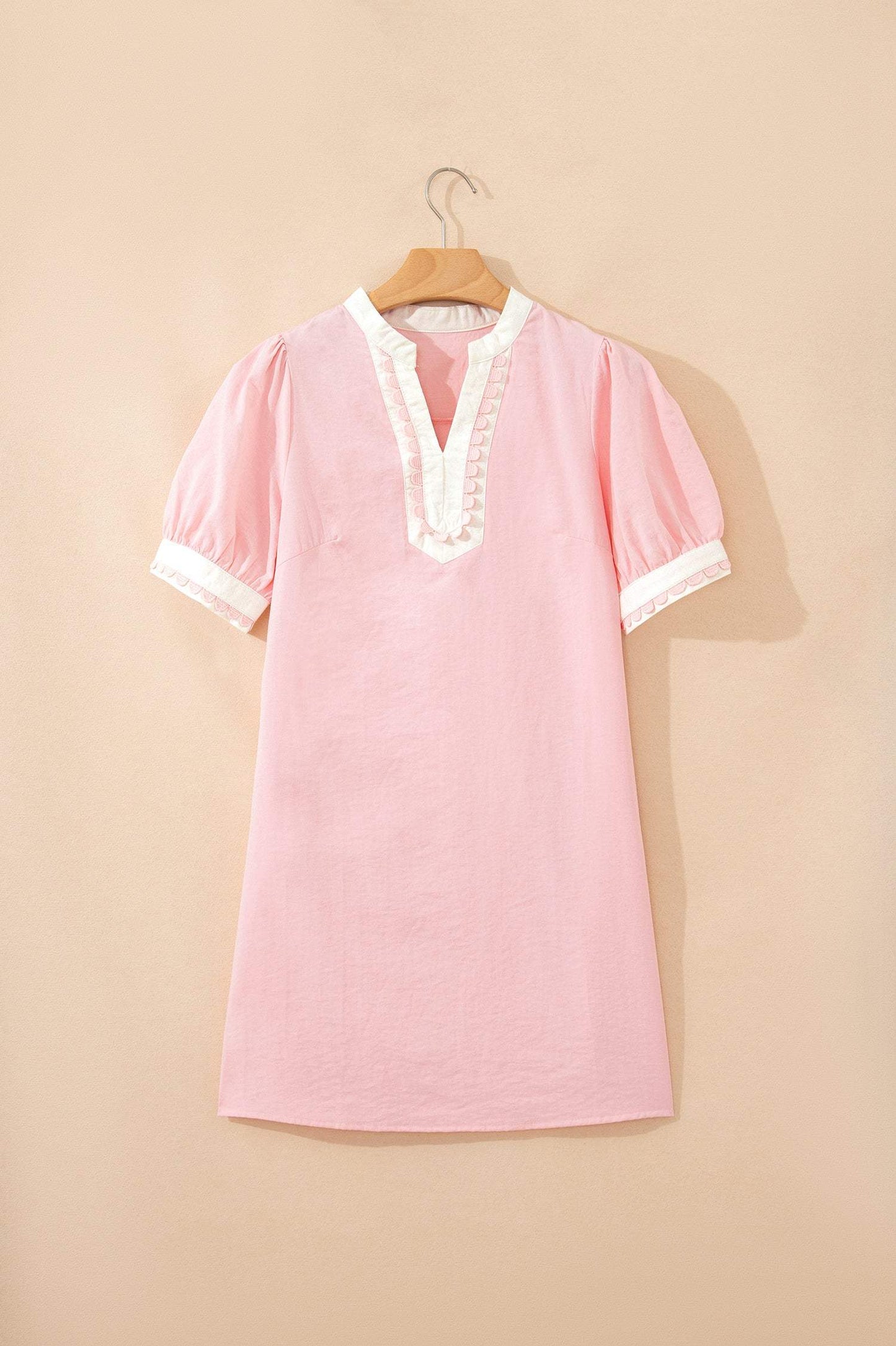 Light Pink Scallop Color Block Trim Puff Sleeve Mini Dress