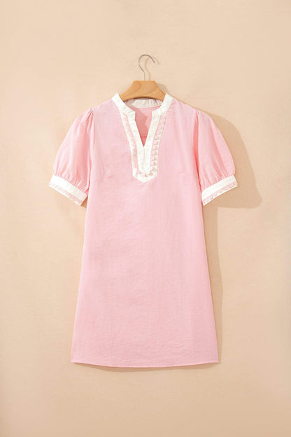 Light Pink Scallop Color Block Trim Puff Sleeve Mini Dress