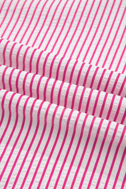 Red Stripe Frilled Detail Half Buttons Short Sleeve Long Dress