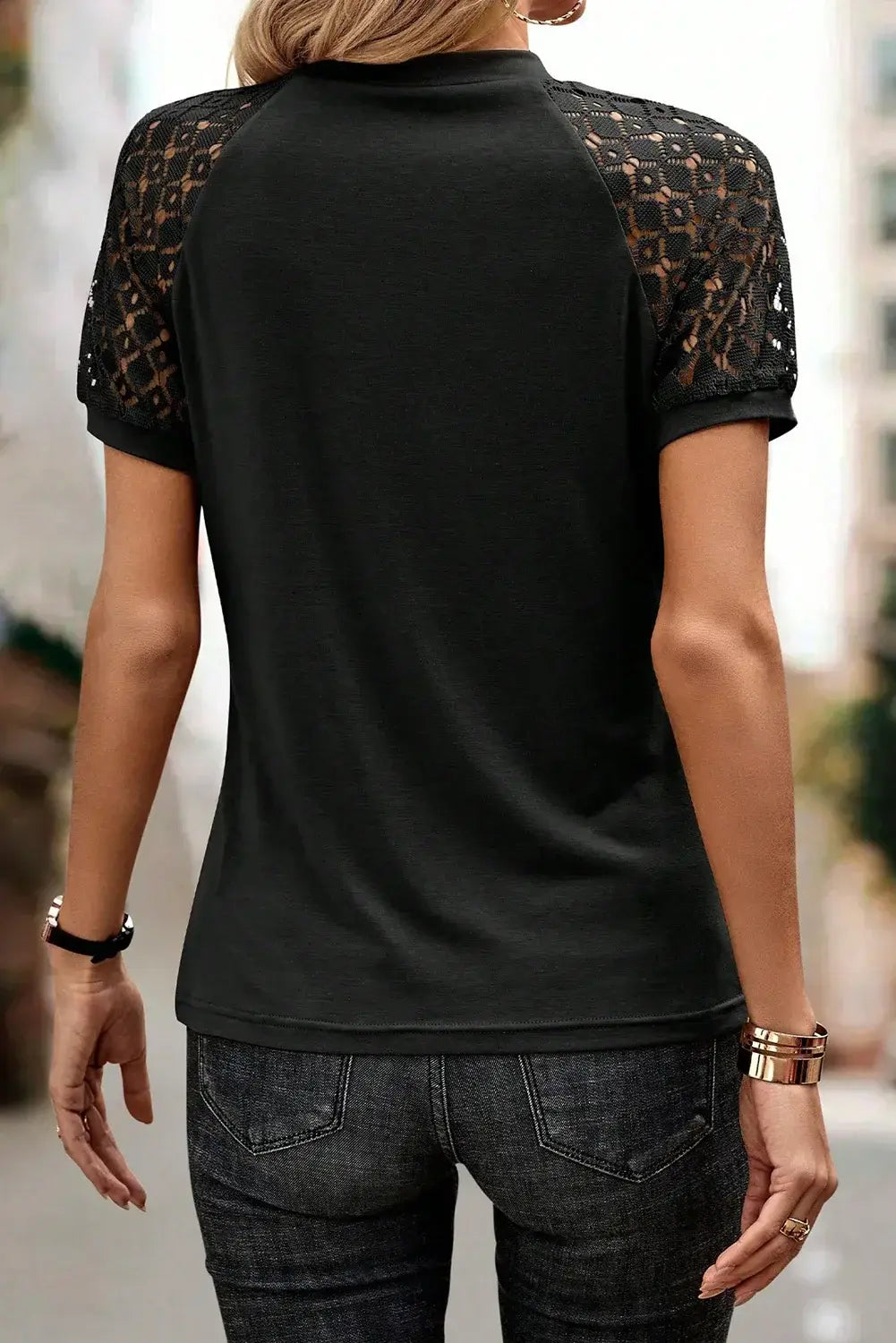 Navy Blue Seamed Detail Contrast Lace Raglan Sleeve Tee - Sweet Fashion Wholesale