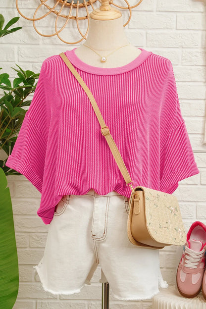 Rose Red Spiral Ribbed Cutout Bow Knot Back Oversize T Shirt - Sweet Fashion Wholesale