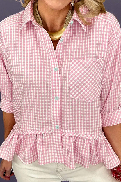 Pink Plaid Half Sleeve Ruffle Hem Button Down Shirt
