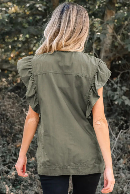 Pale Khaki Ruffled Patchwork Denim Jacket Vest