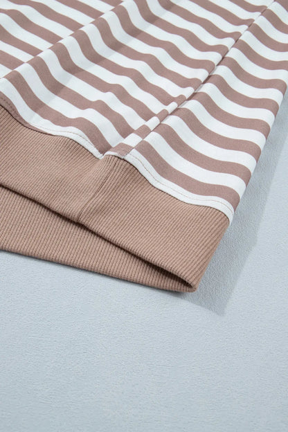 Orange Stripe Ribbed Trim Round Neck Short Puff Sleeve Plus T Shirt - Sweet Fashion Wholesale