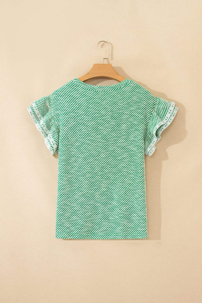 Light Pink Twilled Print Lace Trim Ruffled Short Sleeve Blouse - Sweet Fashion Wholesale