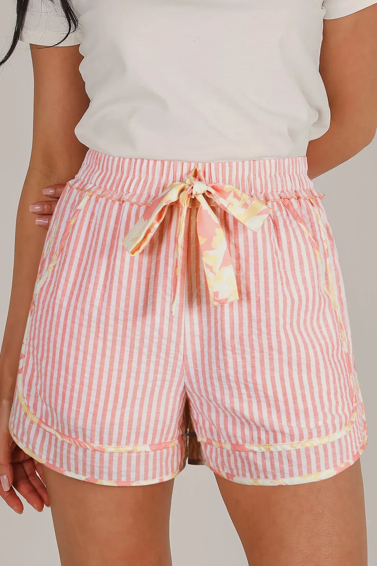 Light Pink Floral Trim Ribbon Knot Striped Casual Shorts - Sweet Fashion Wholesale