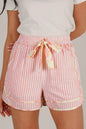 Light Pink Floral Trim Ribbon Knot Striped Casual Shorts - Sweet Fashion Wholesale