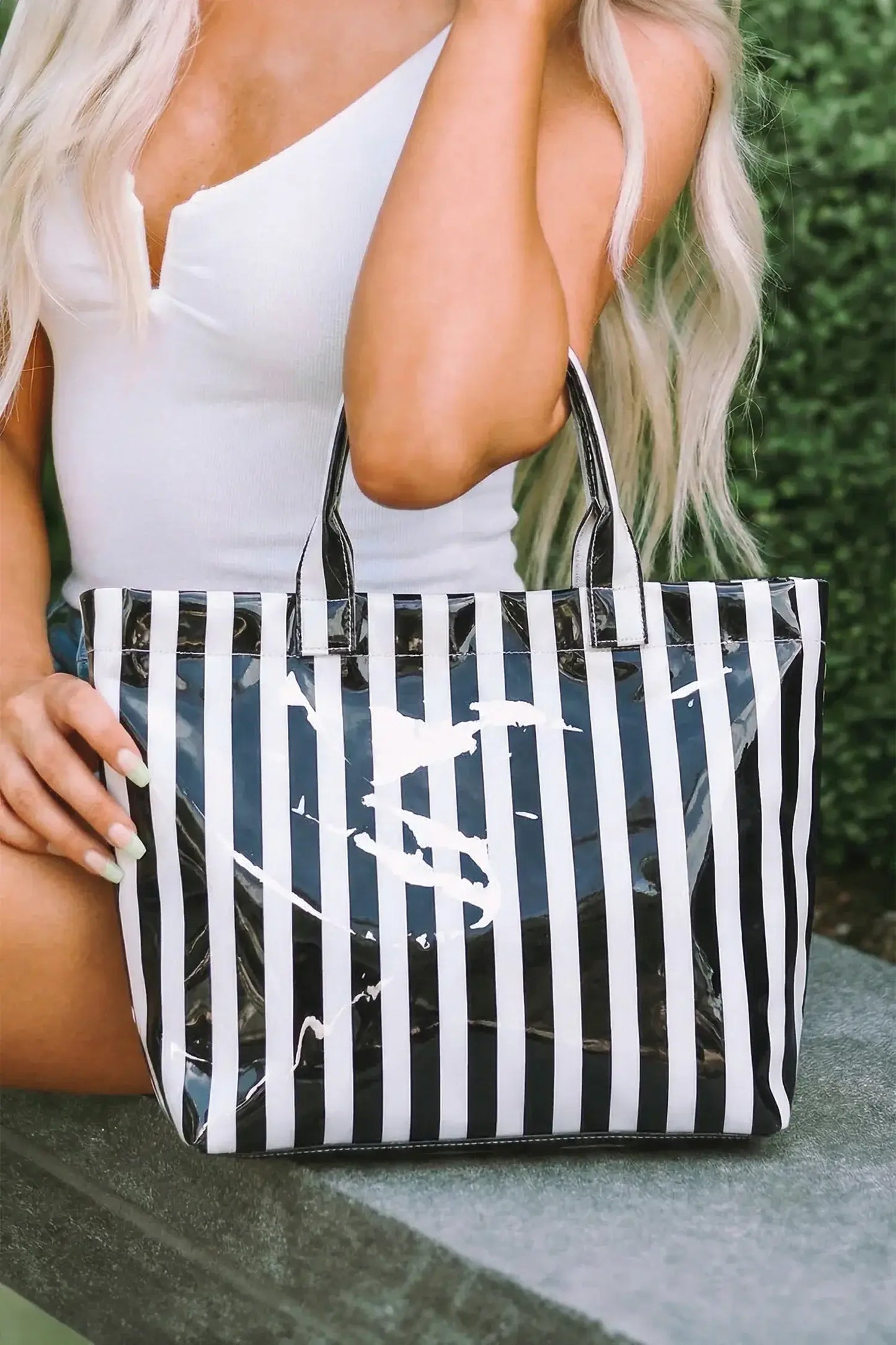Blackish Green Glossy Striped Vinyl Large Tote Bag