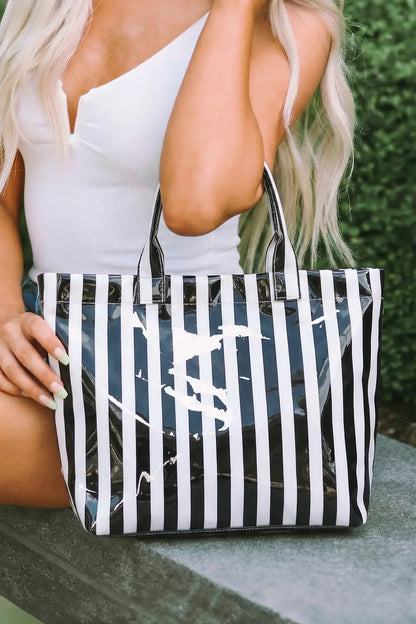 Blackish Green Glossy Striped Vinyl Large Tote Bag