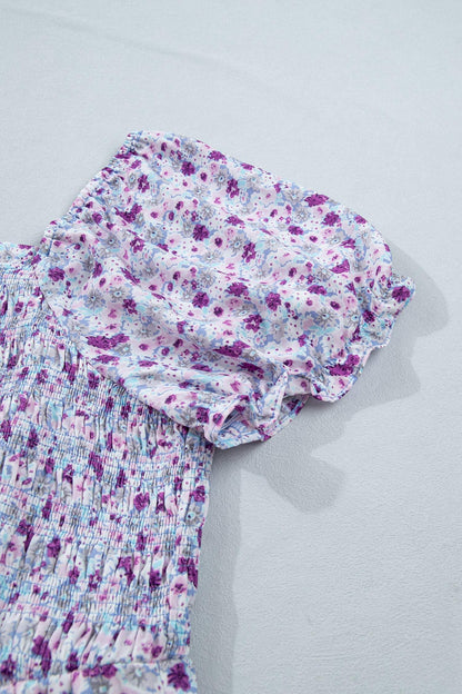 Purple Plus Size Floral Print Square Neck Smocked Maxi Dress