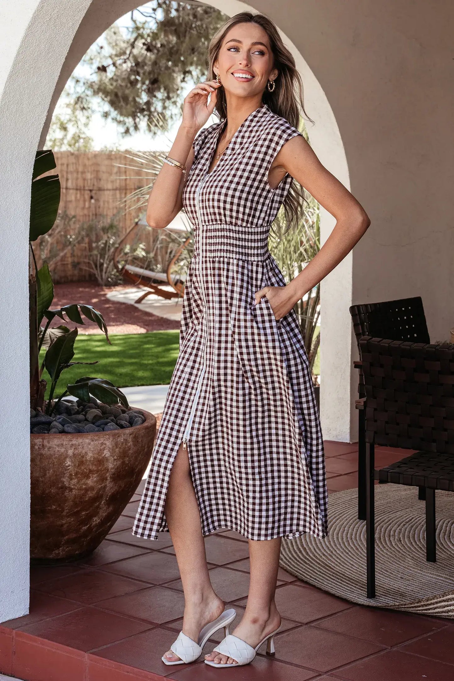 Red Plaid Print Full Zipper Cinched Waist Fit Flare Sleeveless Maxi Dress - Sweet Fashion Wholesale