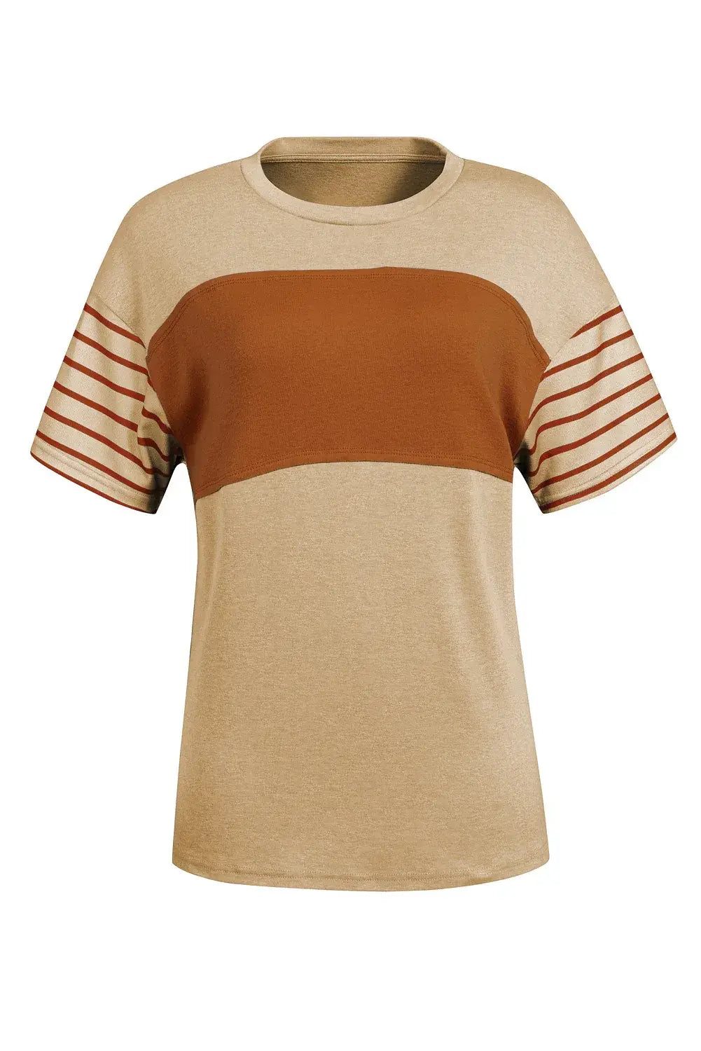 Tan Color Block Striped Detail Loose T Shirt - Sweet Fashion Wholesale