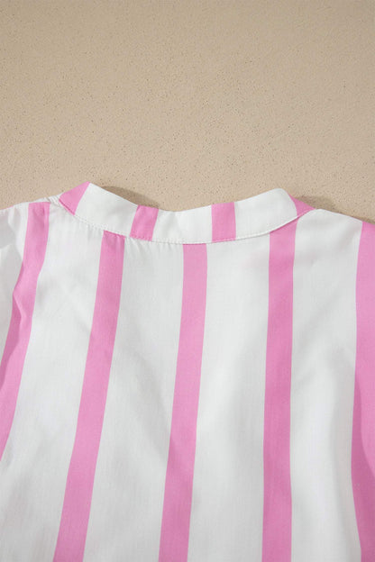 Pink Stripe Ricrac Trim Notched Neck Half Sleeve Vacation Dress