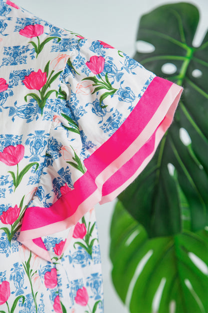 Rose Floral Print Color Block Striped Trim Flutter Sleeve Half Button Blouse