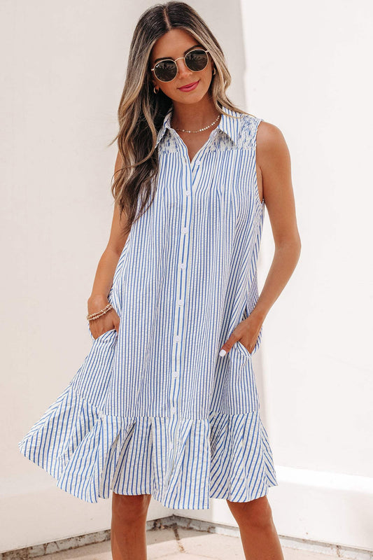 Sky Blue Stripe Shirt Collar Shirred Detail Ruffle Hem Sleeveless Dress