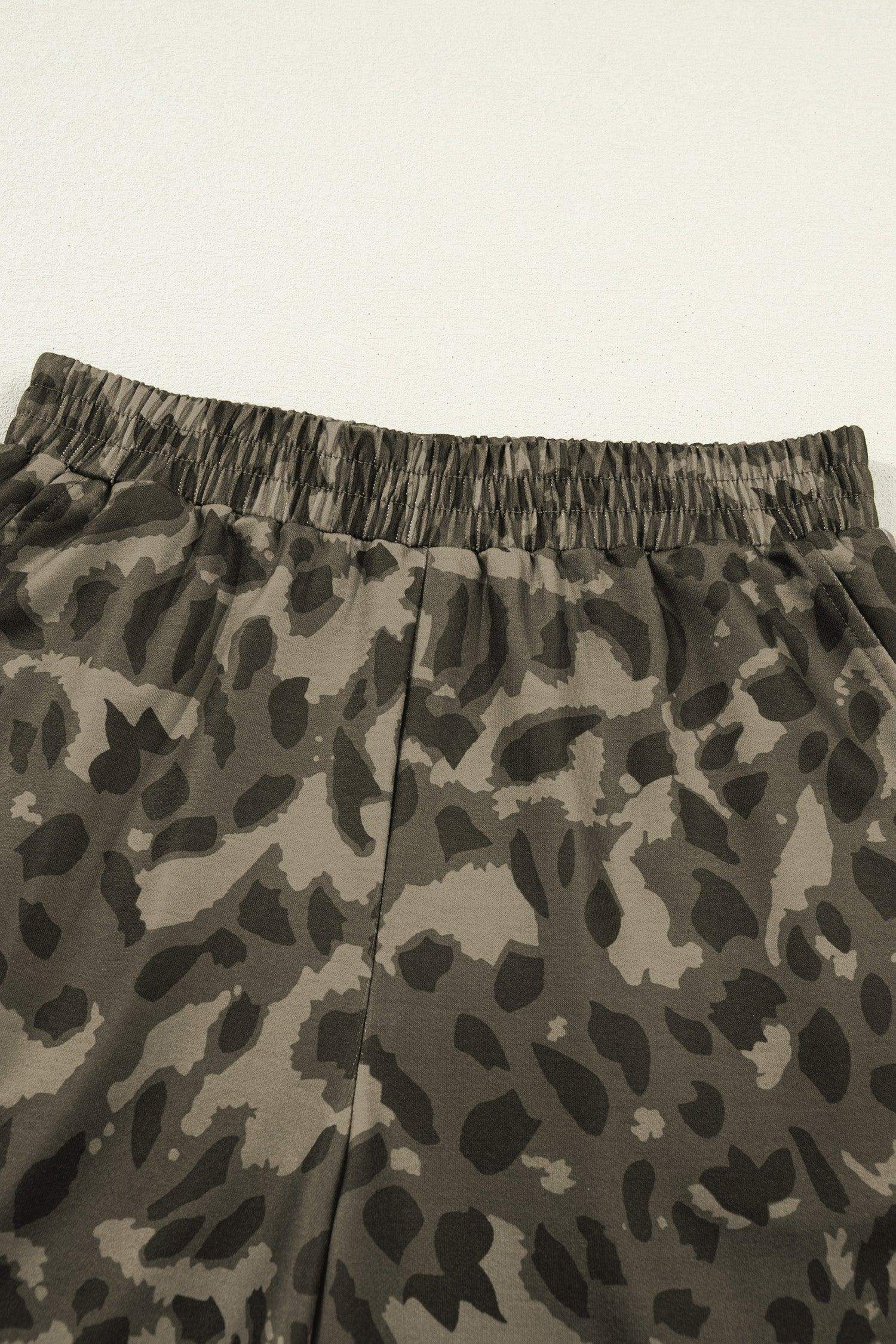Brown Leopard Print Crew Neck Short Set - Sweet Fashion Wholesale