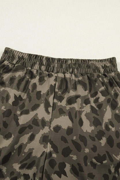 Brown Leopard Print Crew Neck Short Set - Sweet Fashion Wholesale