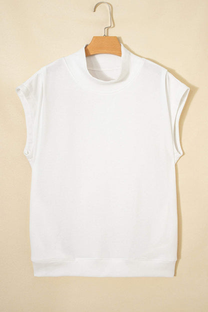 Sky Blue Solid Color High Neck Cap Sleeve Loose Top