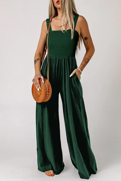 Ginger Smocked Sleeveless Wide Leg Jumpsuit with Pockets - Sweet Fashion Wholesale
