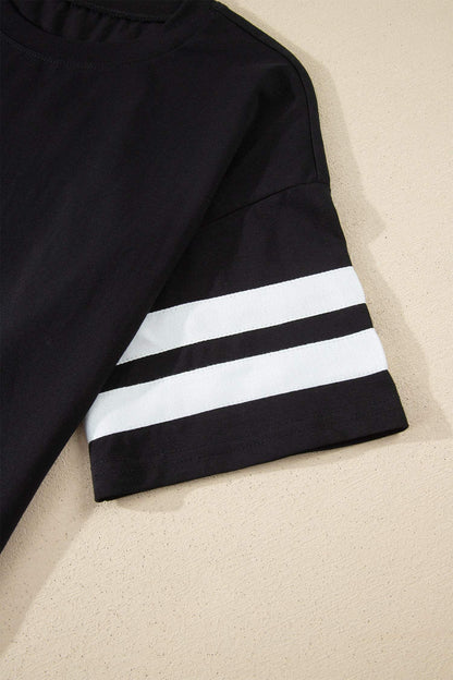 Black Varsity Striped Short Sleeve Crew Neck T Shirt