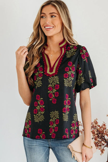 White Floral Short Bubble Sleeve Contrast Slit Neckline Blouse - Sweet Fashion Wholesale