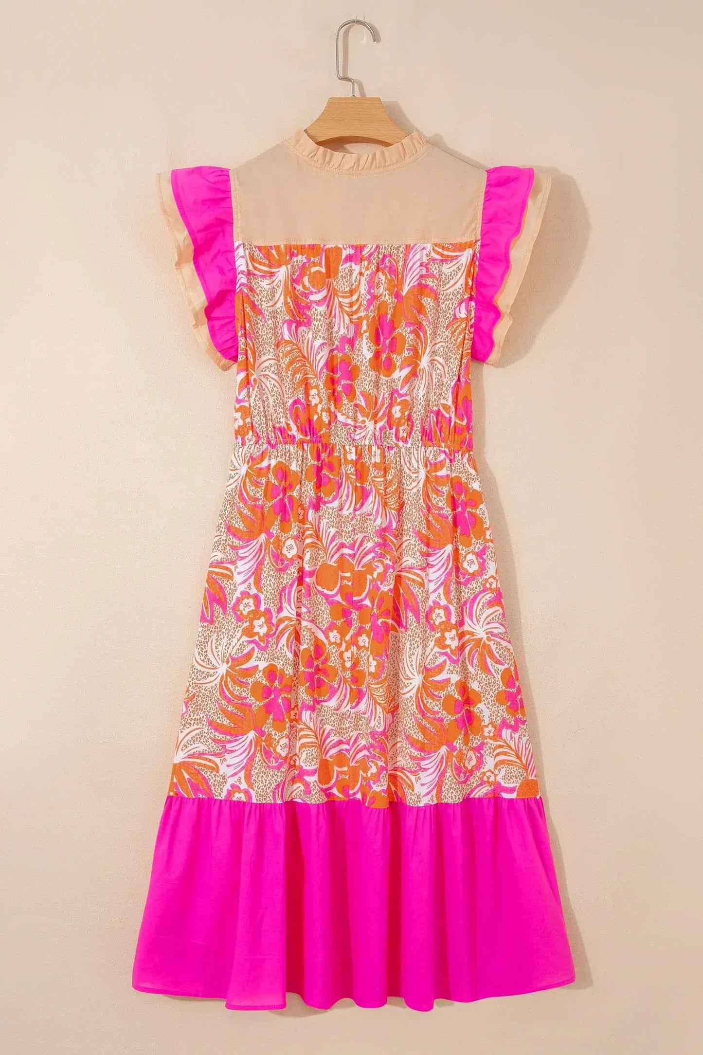 Rose Floral Print Color Block Ruffled Short Sleeve Flared Midi Dress - Sweet Fashion Wholesale