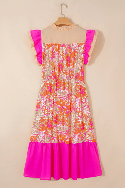Rose Floral Print Color Block Ruffled Short Sleeve Flared Midi Dress - Sweet Fashion Wholesale