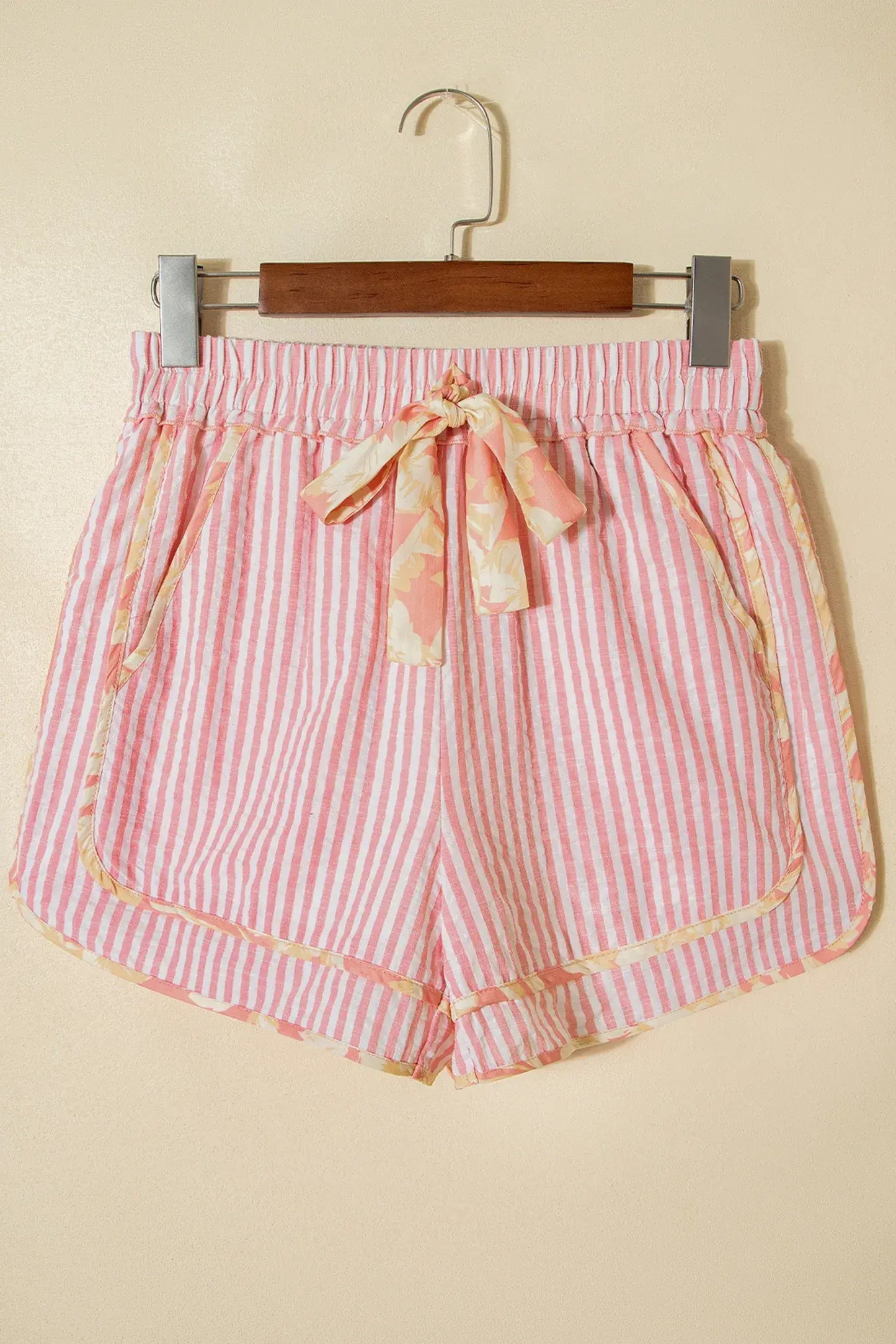 Light Pink Floral Trim Ribbon Knot Striped Casual Shorts - Sweet Fashion Wholesale