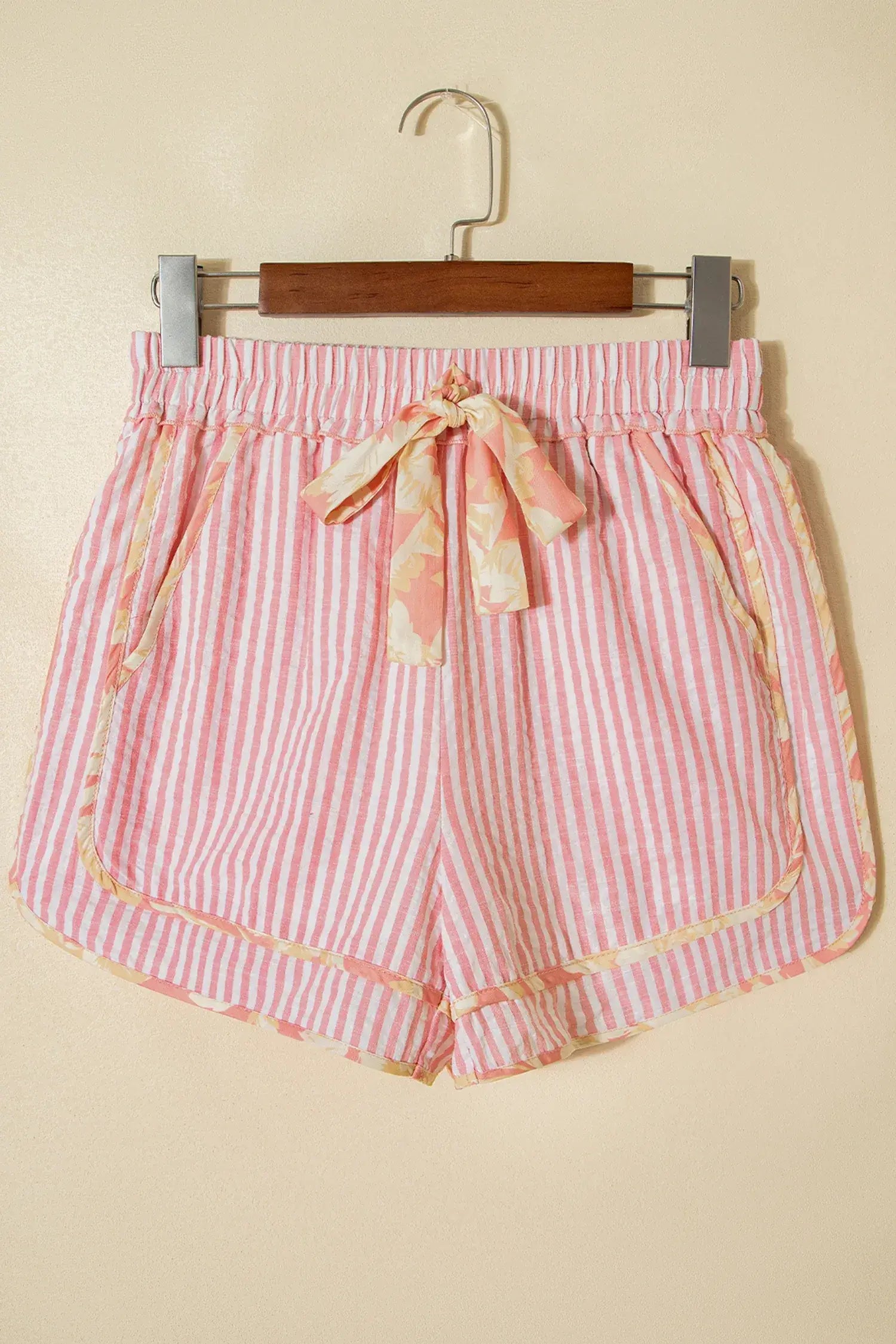 Light Pink Floral Trim Ribbon Knot Striped Casual Shorts - Sweet Fashion Wholesale