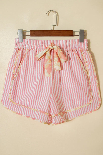 Light Pink Floral Trim Ribbon Knot Striped Casual Shorts - Sweet Fashion Wholesale