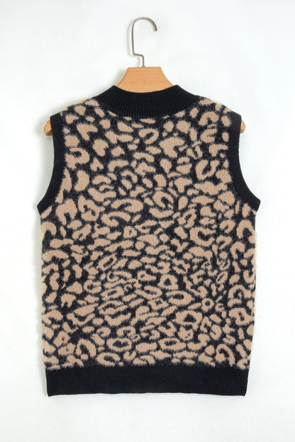 Pink Leopard Print Knit Sleeveless Regular Wash Sweater Vest