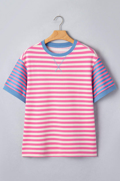 Pink Stripe Contrast Patchwork Short Sleeve Loose Tee