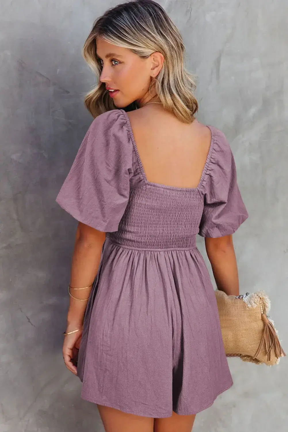 Valerian Square Neck Ruched Puff Sleeve Romper - Sweet Fashion Wholesale