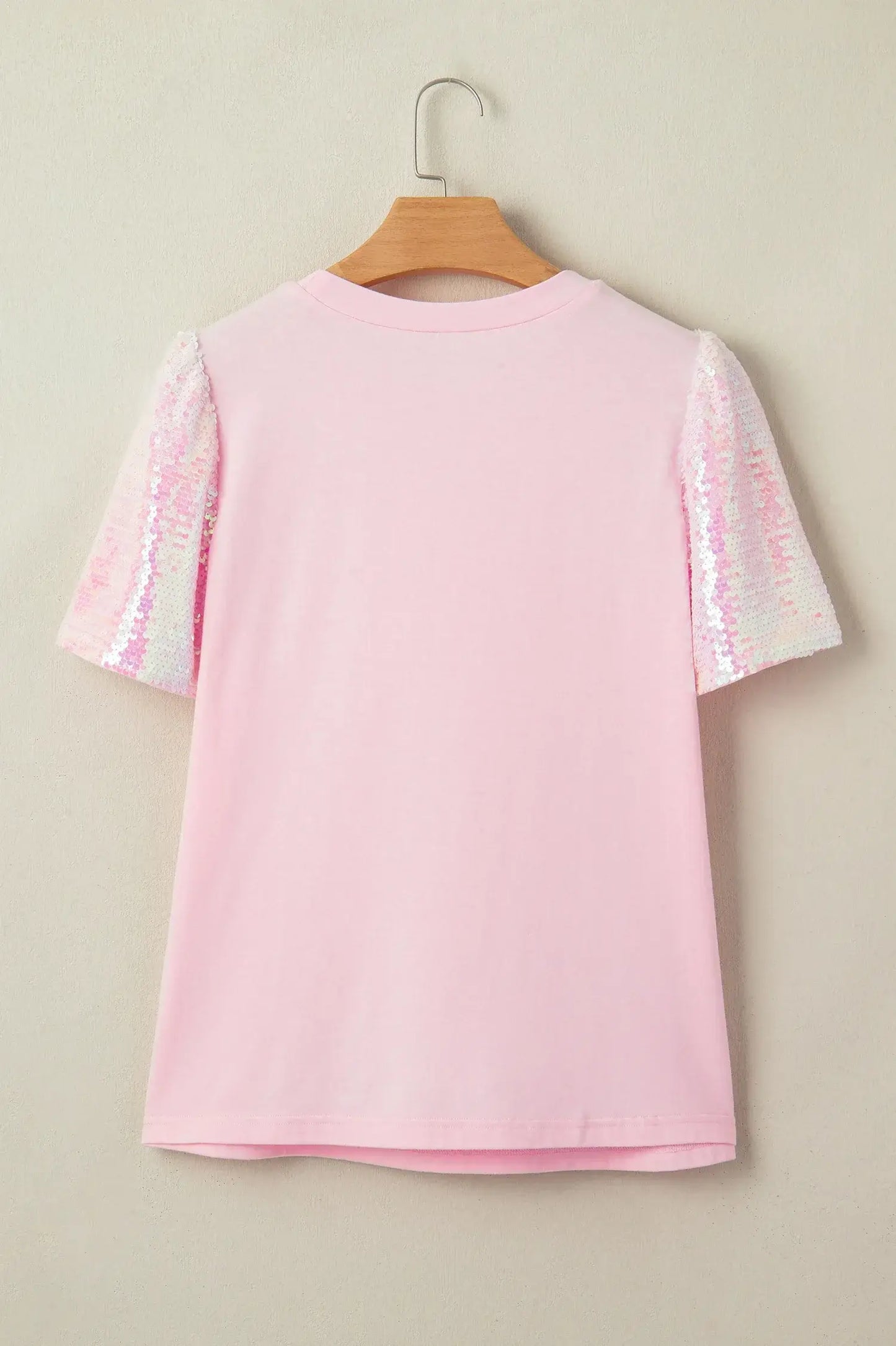 Light Pink Three Sweet Hearts Printed Sequin Trim Contrast Sleeve Patchwork Tee - Sweet Fashion Wholesale