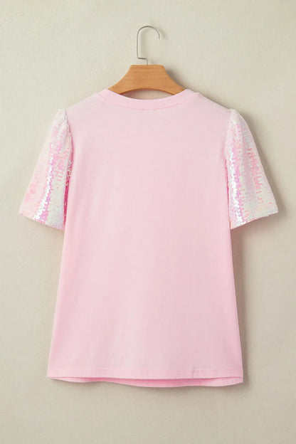 Light Pink Three Sweet Hearts Printed Sequin Trim Contrast Sleeve Patchwork Tee - Sweet Fashion Wholesale