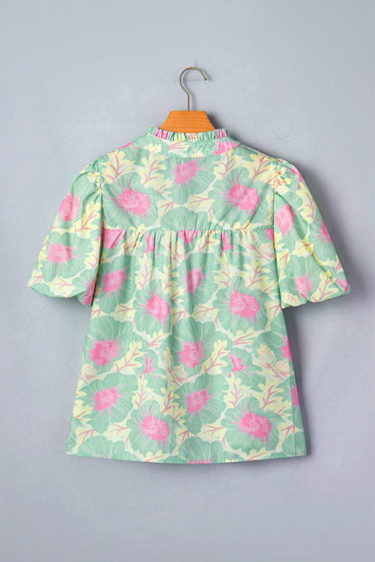 Yellow Short Bubble Sleeve Summer Floral Blouse