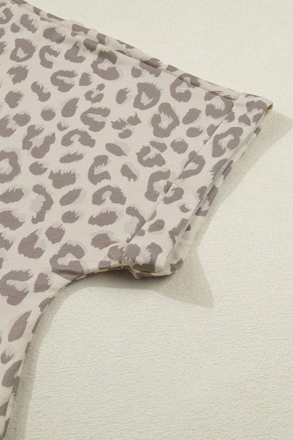 Khaki V Neck Collar Leopard Printed 2pcs Short Set