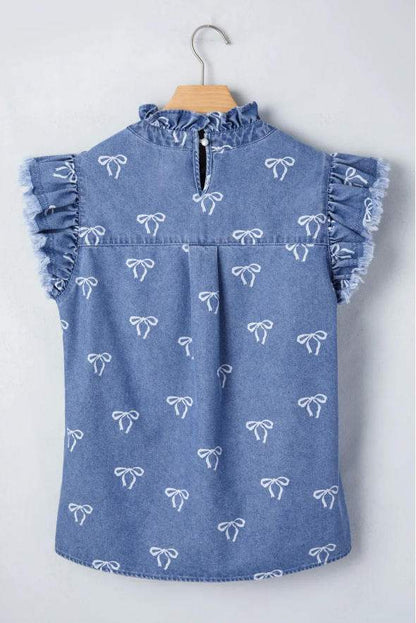 White Frilled Collar Flutter Sleeve Denim Top