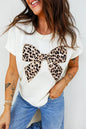 Black Leopard Bow Embroidered Cotton Round Neck T Shirt - Sweet Fashion Wholesale