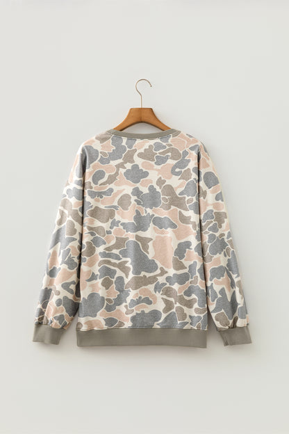 Multicolour Camo Print Ribbed Trim Casual Pullover Sweatshirt
