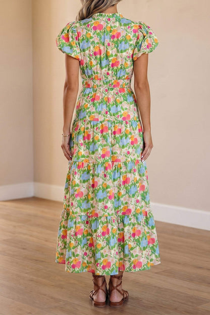 Green Floral Print V Neck Short Puff Sleeve Cotton Maxi Dress
