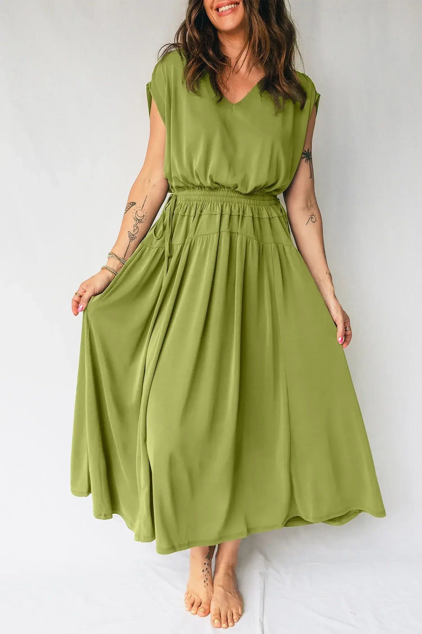 Fern Green Solid V Neck Cap Sleeve Tunic Elastic Waist Versatile Maxi Dress - Sweet Fashion Wholesale