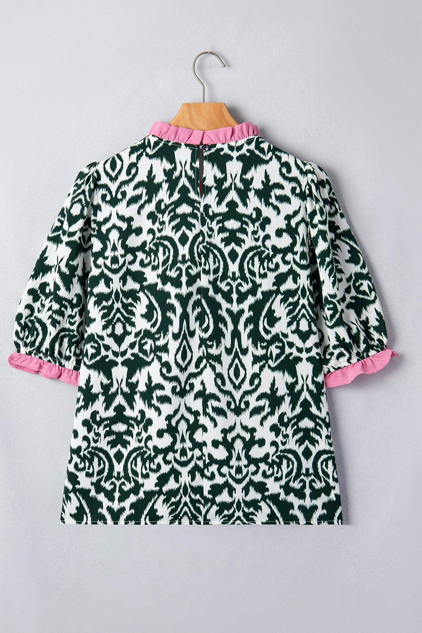 Green Damask Print Ruffled Color Block Detail Half Sleeve Blouse
